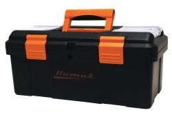 Homak BK00116004 | 16 Inch Black Plastic Toolbox with Beveled Lid, Tray and Dividers
