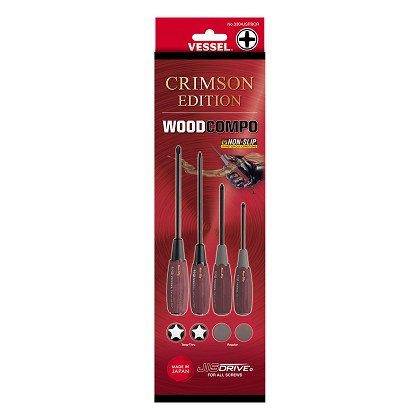 Vessel Tools 3304JSPBCR | Wood-Compo Jisdrive Screwdriver 4 Pieces Set Crimson Edition
