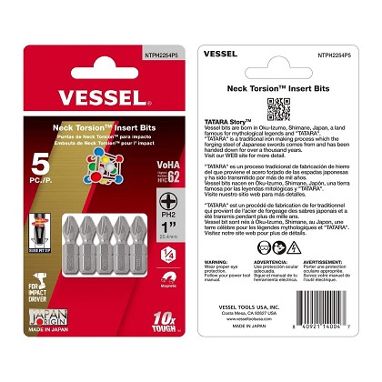 Vessel Tools NTPH2254P5 | Neck Torsion Power Bits, PH2 x 25.4 mm, 5 Piece