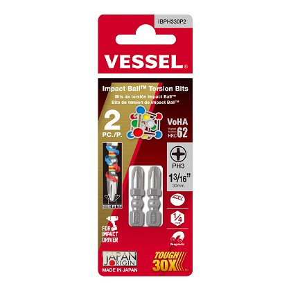 Vessel Tools Usa IBPH330P2 | IMPACT BALL Torsion Bit PH3x30 2 Piece (Card)