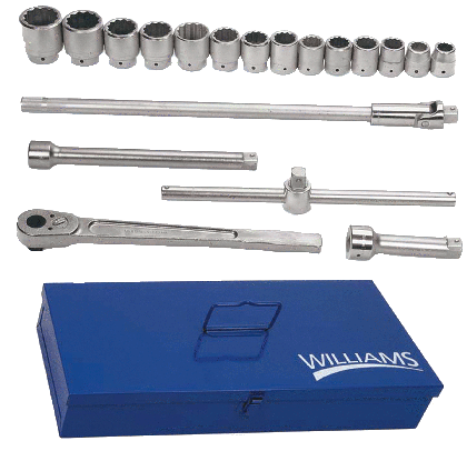 Williams WSX-20TB | 1 Drive Socket and Drive Tool Set, 12 Point, SAE, in Metal Tool Box, 20 Pieces