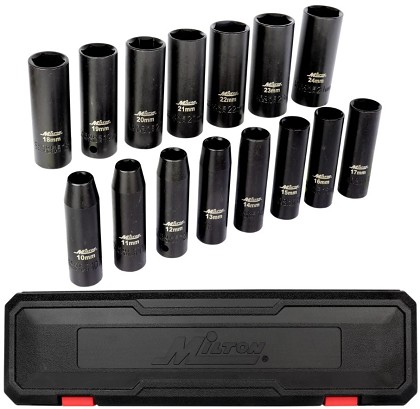Milton Industries 1300-SS-05 | 15 PC 1/2 Drive 10-24mm Deep Socket Set
